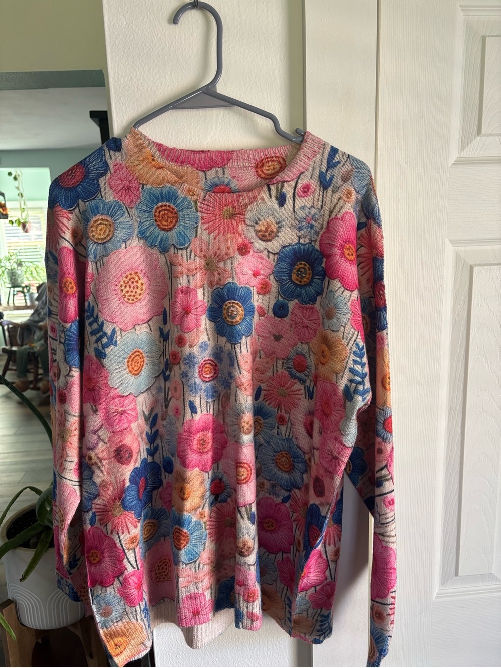 Floral Knit Long-Sleeve Sweater - Pink & Blue Floral